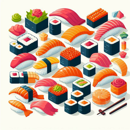 Sushi isometric icons set with rolls and sushi rolls isolated vector illustrationのイラスト素材