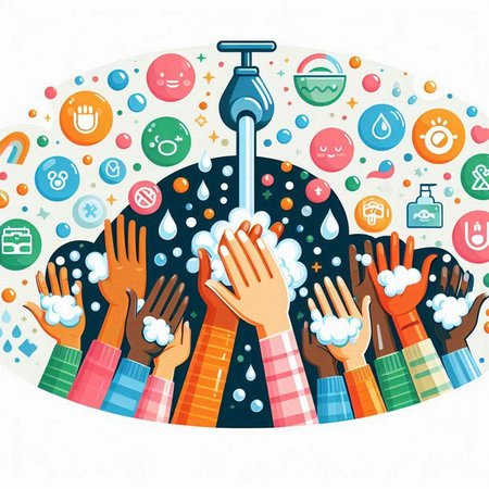 Vector illustration of people washing hands with soap. Hygiene concept.のイラスト素材