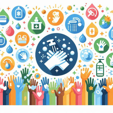 Hands with cleaning and disinfection symbols. Vector flat illustration.のイラスト素材