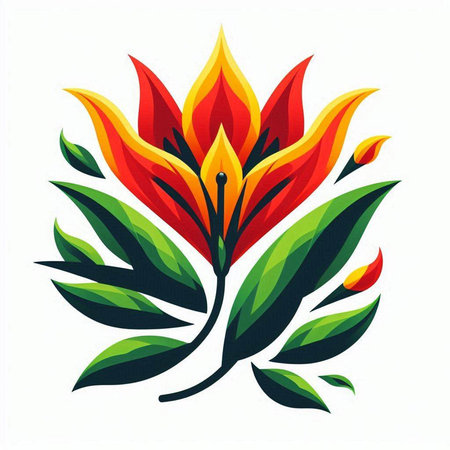 Illustration of a colorful tropical flower with leaves on a white backgroundのイラスト素材