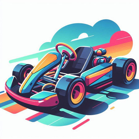 Funny karting car on colorful background, vector illustration.のイラスト素材