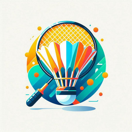 Badminton racket and shuttlecock on colorful background. Vector illustration.のイラスト素材