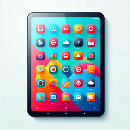 Tablet PC with colorful application icons on it. Vector illustration.のイラスト素材