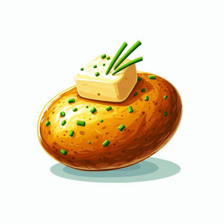 Illustration of a potato with butter and chives on a white backgroundのイラスト素材
