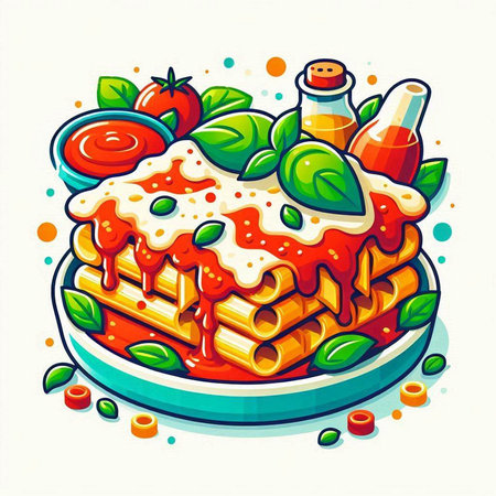Illustration of a stack of lasagna with tomato sauce and basilのイラスト素材