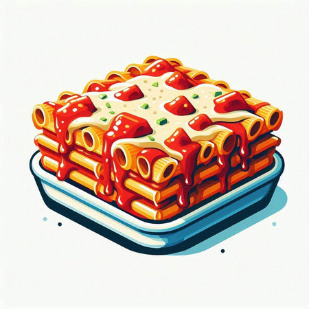 Illustration of a lasagna with tomato sauce on a plate.のイラスト素材