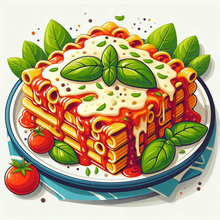 Illustration of a plate of lasagna with basil and tomato sauceのイラスト素材