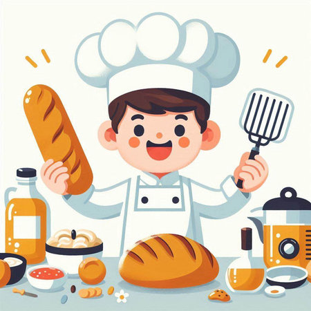 Cartoon vector illustration of a chef holding bread and kitchen utensilsのイラスト素材