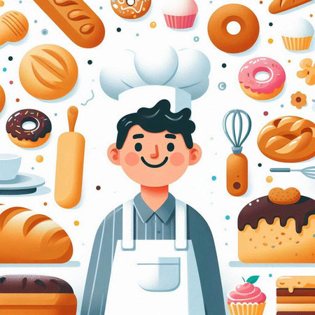 Cartoon vector illustration of a baker with various types of pastry.のイラスト素材