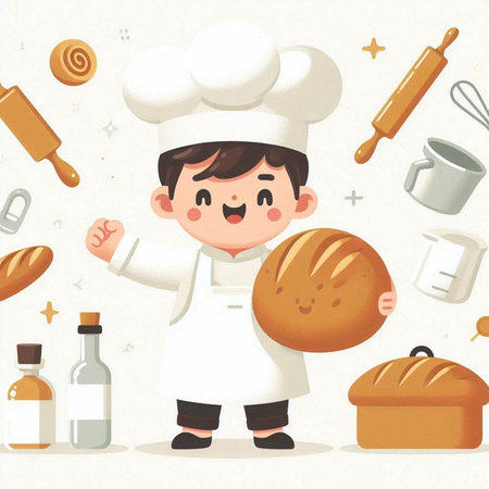 Illustration of a Cute Boy Chef Holding a Bread and Rolling Pinのイラスト素材