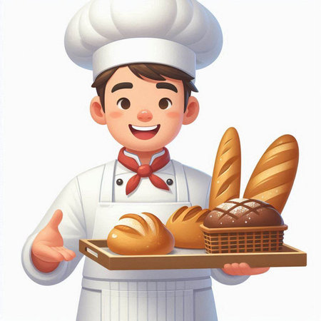 Illustration of a male chef holding a tray full of fresh breadのイラスト素材