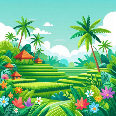 Rice terraces with palm trees and flowers. Vector illustration.のイラスト素材