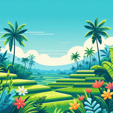 Beautiful tropical landscape with palm trees and flowers. Vector illustration.のイラスト素材