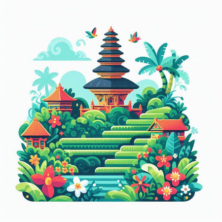 Thai temple on the island of bali. Vector illustration.のイラスト素材