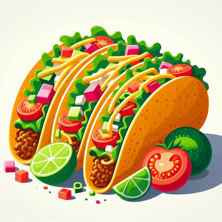 Illustration of tacos with lime and vegetables on white background - vectorのイラスト素材