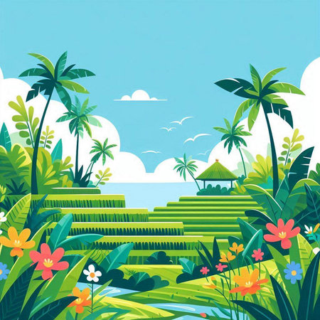 Tropical landscape with palm trees and flowers. Vector illustration.のイラスト素材