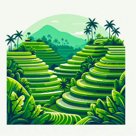 Terraced rice fields in Bali, Indonesia. Vector illustration.のイラスト素材