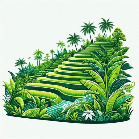 Tropical island with palm trees and bushes, vector illustration.のイラスト素材