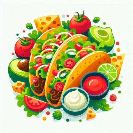 Mexican fast food vector illustration. Cinco de mayo, tacos, guacamole, cheese, tomato, cucumber, lettuce, onion, ketchupnnaiseのイラスト素材