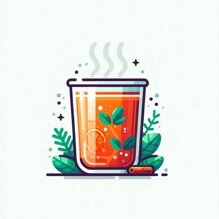 Flat vector illustration of a glass of orange tea with mint leaves, cinnamon sticks and ice cubes.のイラスト素材