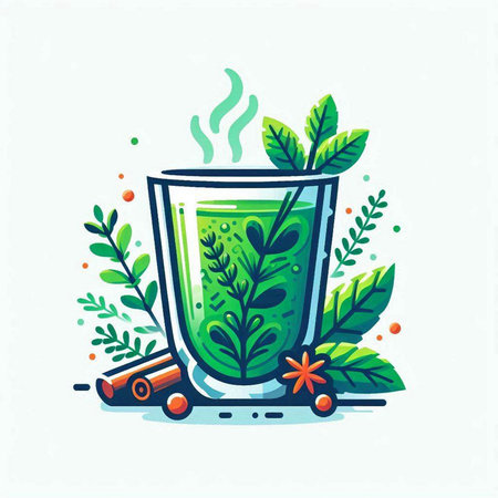 Green tea with cinnamon, star anise and leaves. Vector illustration.のイラスト素材