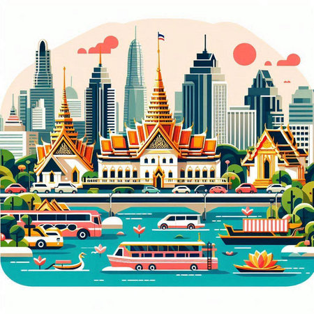 Thailand travel concept with famous landmarks. Vector illustration in flat styleのイラスト素材