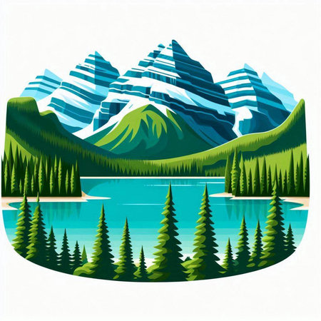 Mountains and lake with coniferous forest. Vector illustration.のイラスト素材