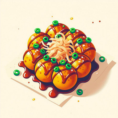 baked cake with cream and caramel on a white background, illustrationのイラスト素材