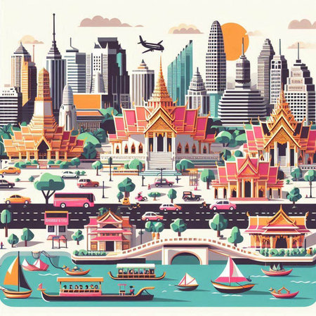 Bangkok cityscape with famous landmarks. Vector illustration in flat styleのイラスト素材