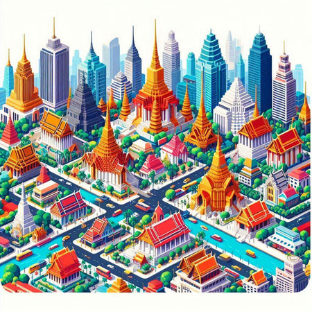 Bangkok isometric cityscape with famous landmarks. Vector illustration.のイラスト素材