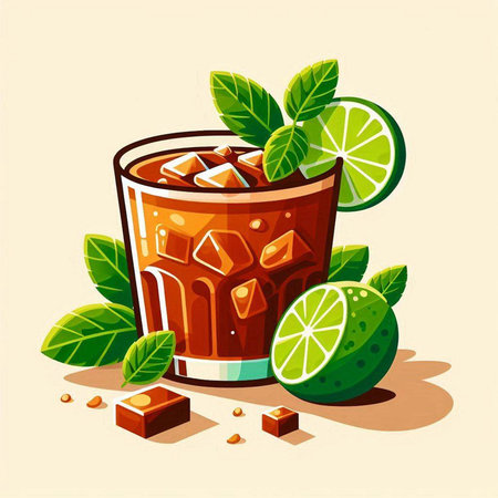 Cuba libre cocktail with lime and mint, vector illustration.のイラスト素材