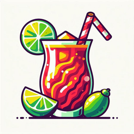 Cocktail with lime and straw. Colorful vector illustration.のイラスト素材