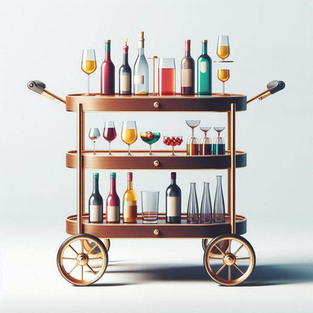 Wooden cart with bottles of wine and glasses on a white backgroundのイラスト素材