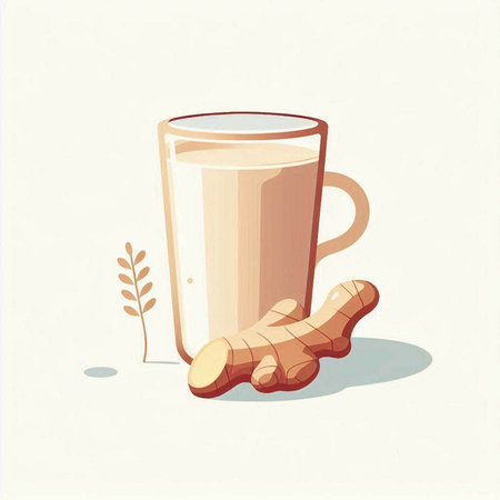 Ginger milk in a glass and fresh ginger root. Vector illustration.のイラスト素材