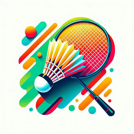 Badminton racket and shuttlecock on colorful background. Vector illustration.のイラスト素材