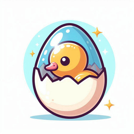 Cute cartoon duckling in an eggshell. Vector illustration.のイラスト素材