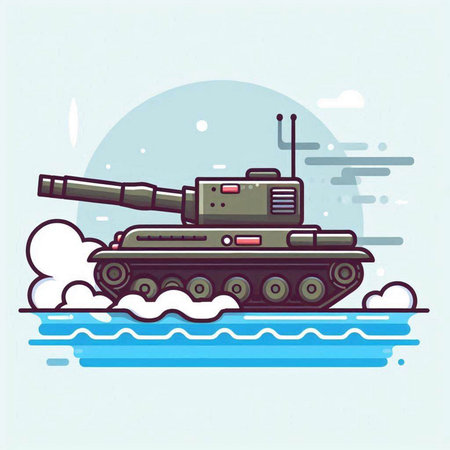 Cartoon tank on the background of the sea. Vector illustration.のイラスト素材