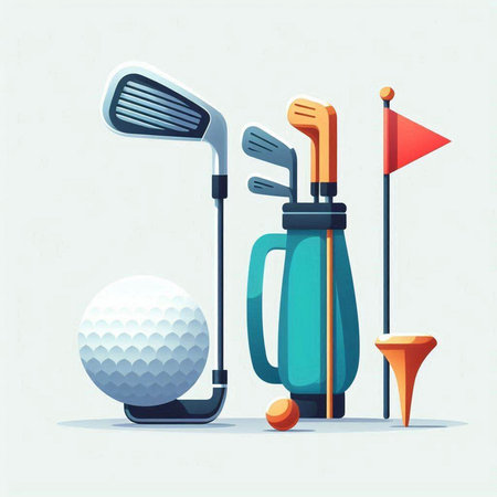 Golf equipment. Vector illustration in flat style. Golf club, ball, golf bag, flag.のイラスト素材