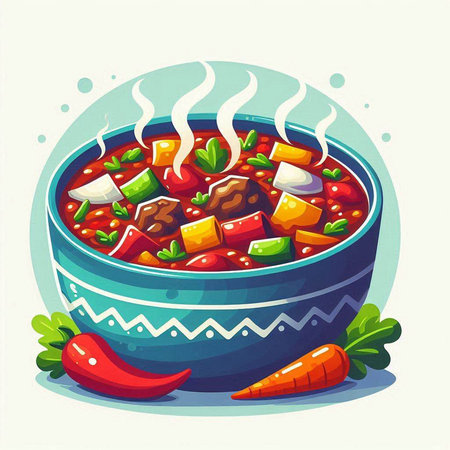 Vector illustration of a bowl of hot chili con carne with vegetablesのイラスト素材