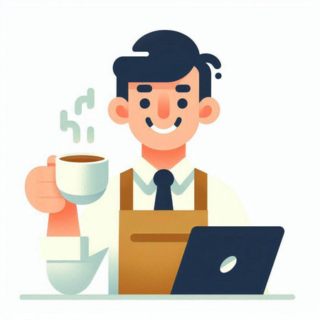Businessman drinking coffee and using laptop. Vector illustration in cartoon styleのイラスト素材