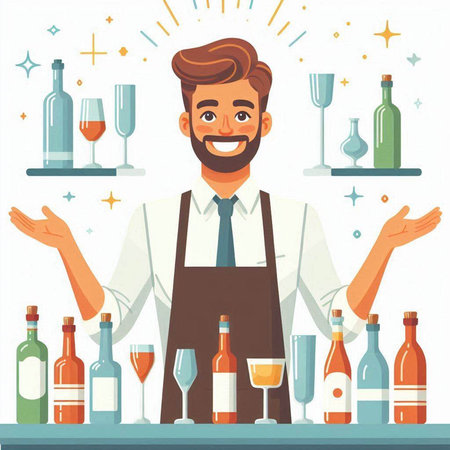 Handsome bartender in apron with glasses of wine. Vector flat illustrationのイラスト素材