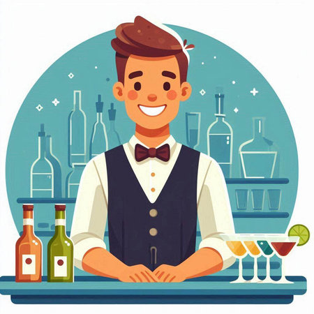 Bartender in a bar. Vector illustration in cartoon style.のイラスト素材