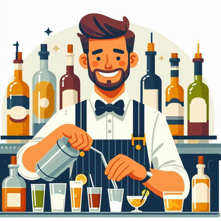 Bartender making cocktail in bar. Vector illustration in flat styleのイラスト素材