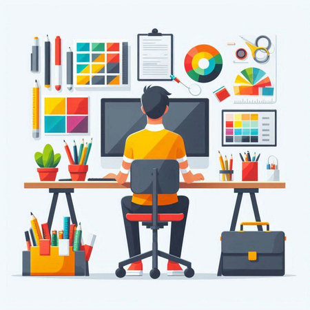 Designer working at his desk in office. Flat style vector illustration.のイラスト素材