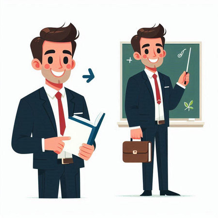 Male teacher and male student in classroom. Vector illustration in cartoon style.のイラスト素材