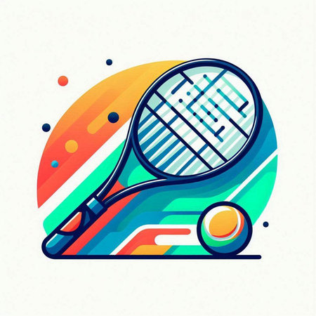 Tennis racket and ball vector icon. Abstract colorful background with lines.のイラスト素材