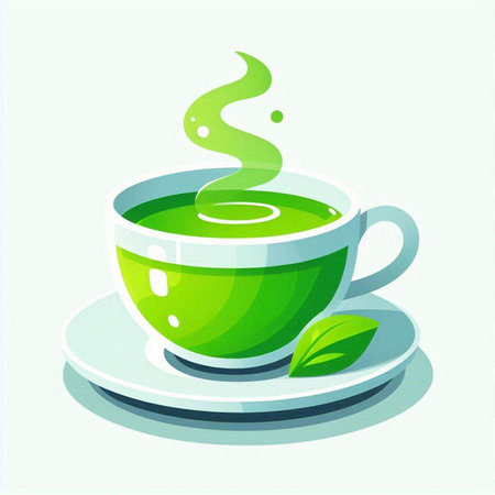 Cup of green tea with leaves on white background. Vector illustration.のイラスト素材