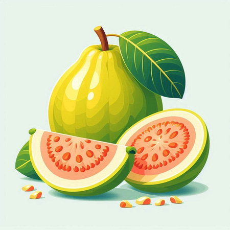 Illustration of guava with leaves and seeds on a light backgroundのイラスト素材