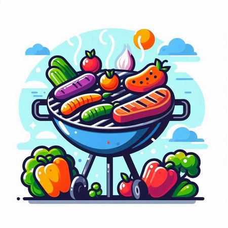 Barbecue grill with fresh vegetables. Vector illustration in cartoon style.のイラスト素材