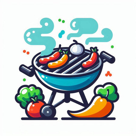 Barbecue grill with vegetables, vector illustration in flat cartoon style.のイラスト素材